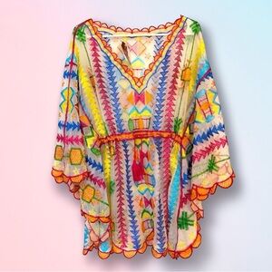Rainbow Embroidered Cotton Mesh Short Kaftan, Tunic, With Cinch Tassel Tie NWT